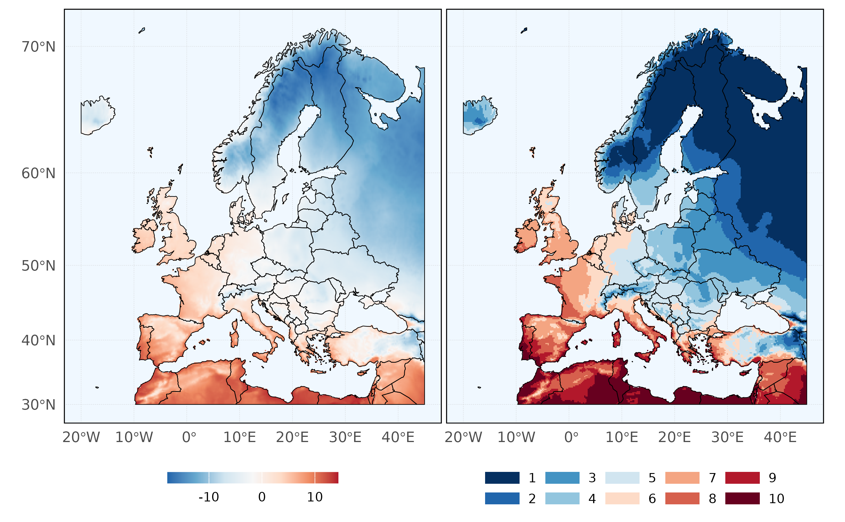 Figure 1 - The mean temperature in January over the 1961-1990 period on a continuous scale (left) and classified in to ten discrete categories (right).