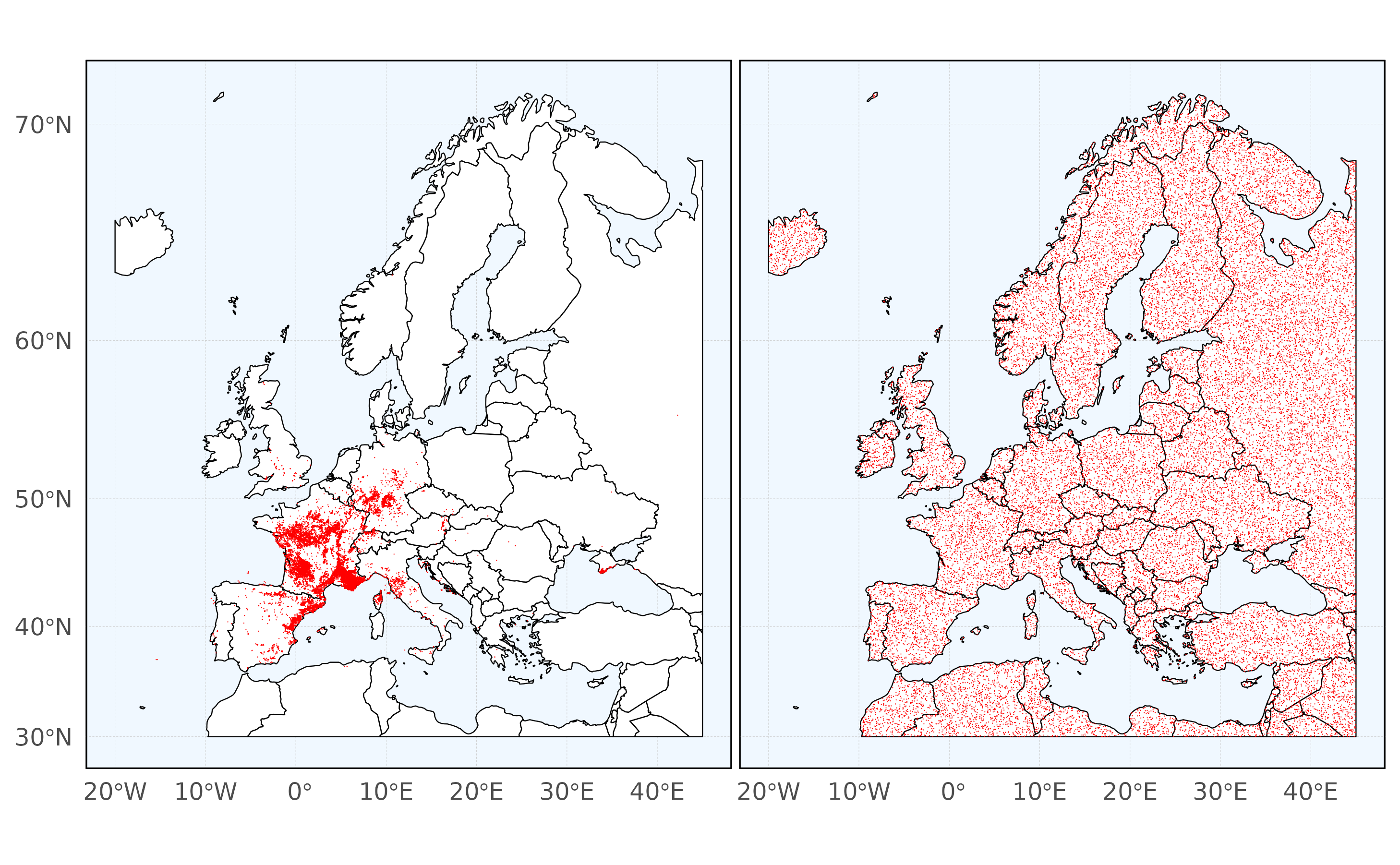 Figure 2 - Real (left) and randomised (right) occurrences of Cormus domestica.